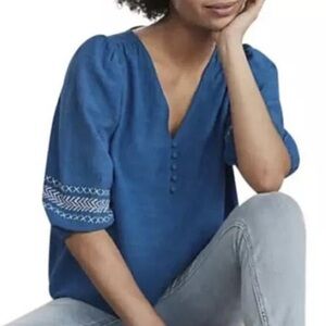 Elizabeth and James Teal Blue Embroidered Peasant Top XL